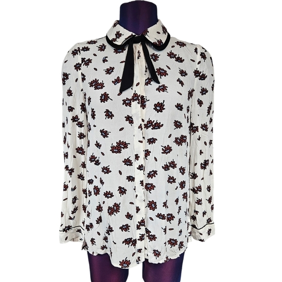 Joinus White & Maroon Floral Print Button Front‎ Blouse Size Medium Women's L16 - Picture 1 of 7
